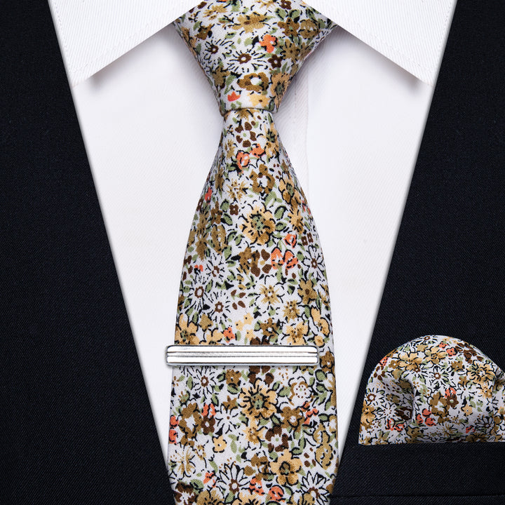 Light Yellow Floral Printed Skinny Tie Set with Tie Clip