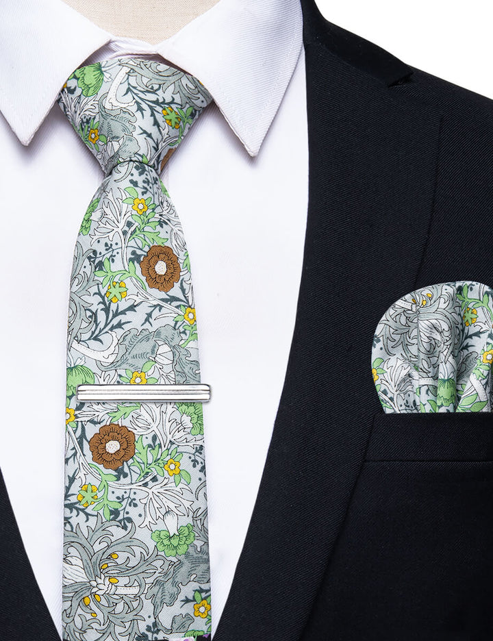 Light Green Grey  Floral Printed Skinny Tie Set with Tie Clip