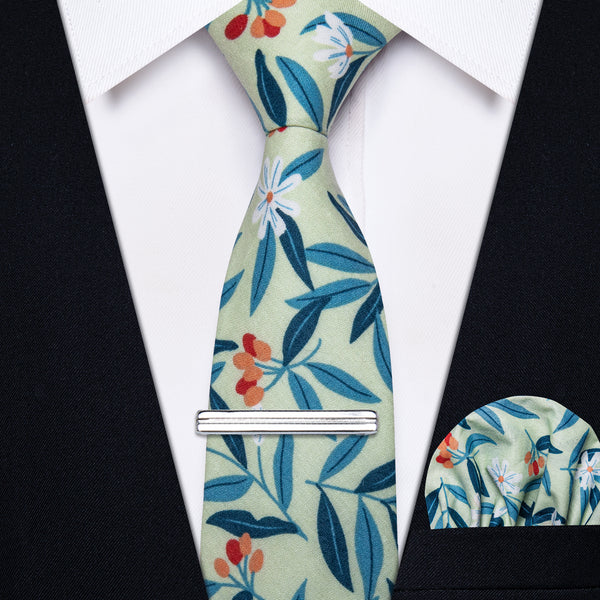  Blue Green Printed Leaf Skinny Men's Tie with Tie Clip Set