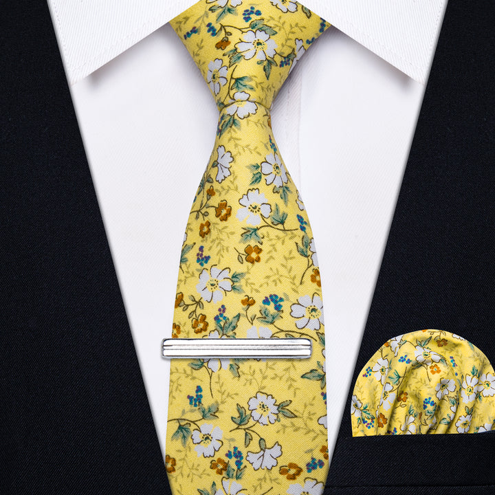  Light Yellow White Floral Printed Skinny Tie Set with Tie Clip