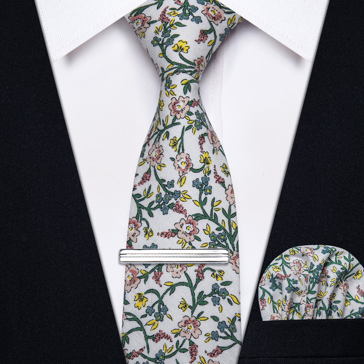 Pink Green Floral Printed Skinny Men's Tie Set with Tie Clip