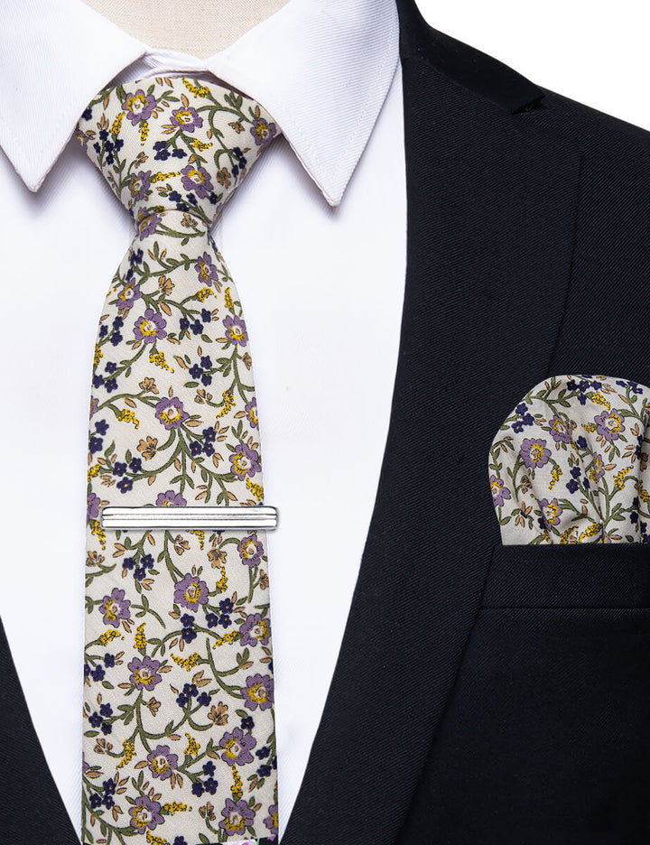 Lavender Yellow Floral Printed Skinny Tie Set with Tie Clip