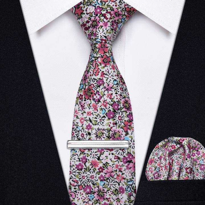 Carmine Red Floral Printed Skinny Necktie Set with Tie Clip