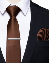 YourTies Coffee Solid Skinny Necktie Pocket Square Set with Tie Clip