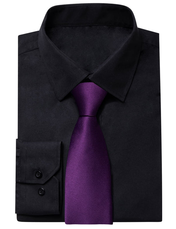 YourTies Black Solid Long Sleeve Shirt with Deep Purple Solid Silk Tie for Men