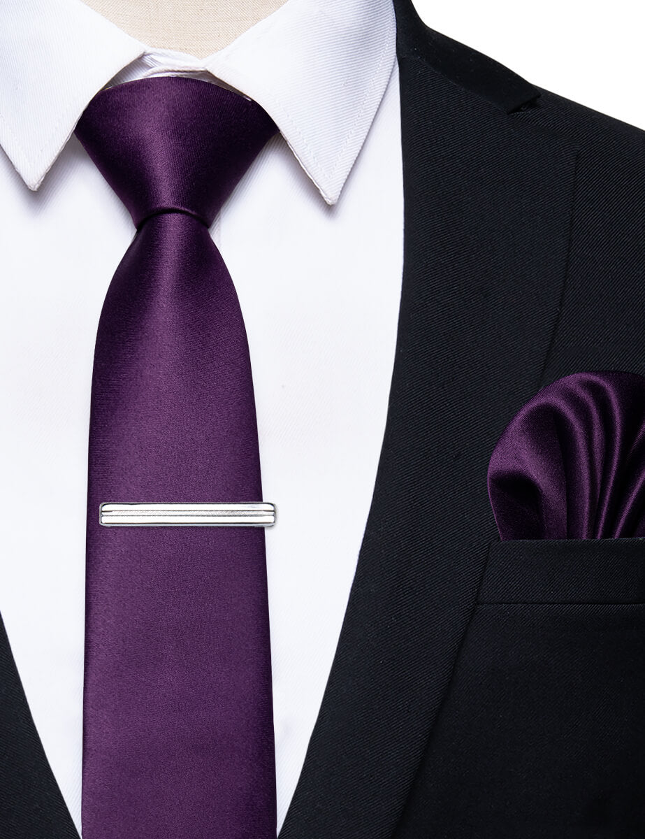 YourTies Purple Solid Skinny Necktie Pocket Square Set with Tie Clip