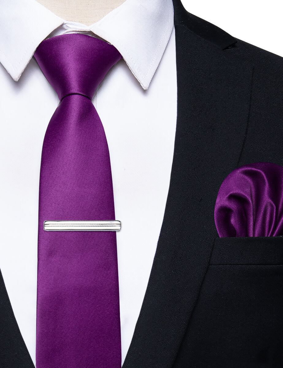 YourTies Violet Solid Skinny Necktie Pocket Square Set with Tie Clip