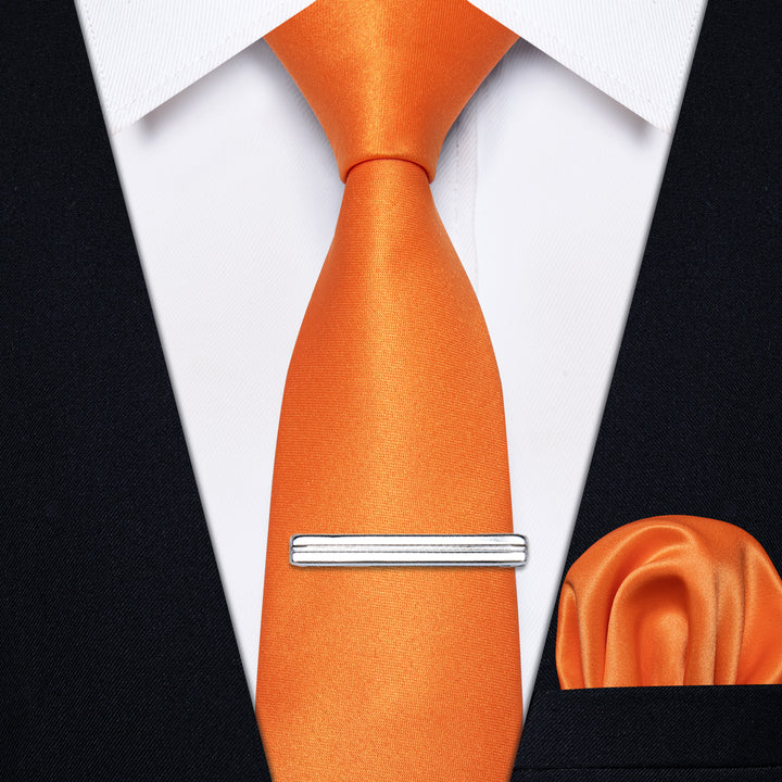 YourTies Orange Tie Solid Skinny Necktie Pocket Square Set Tie Clip