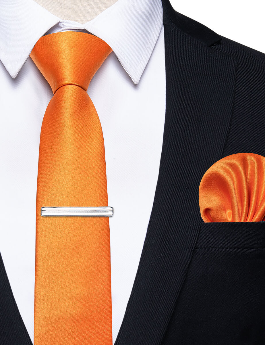 YourTies Orange Tie Solid Skinny Necktie Pocket Square Set Tie Clip