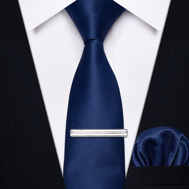 YourTies Blue Solid Skinny Necktie Pocket Square Set with Tie Clip