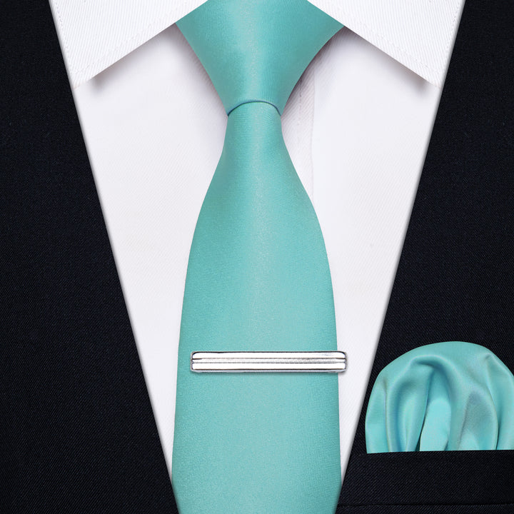  Mint Green Skinny Necktie Pocket Square Set with Tie Clip