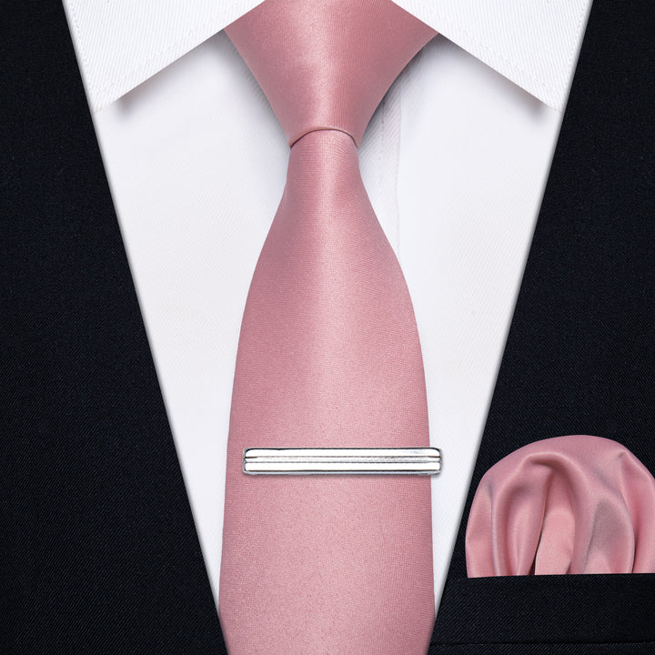 Peach Pink Solid Skinny Necktie Pocket Square Set Tie Clip