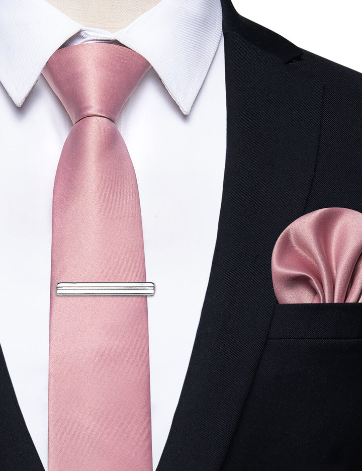 Peach Pink Solid Skinny Necktie Pocket Square Set Tie Clip