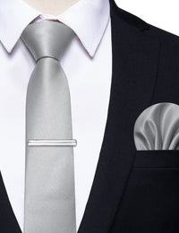 Grey Solid Skinny Necktie Pocket Square Set with Tie Clip