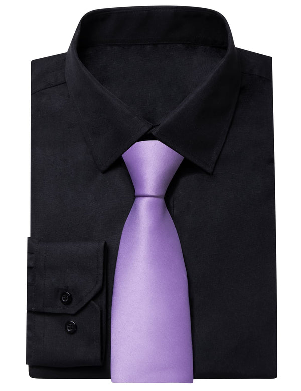 YourTies Black Solid Long Sleeve Shirt with Light Purple Solid Silk Tie for Men