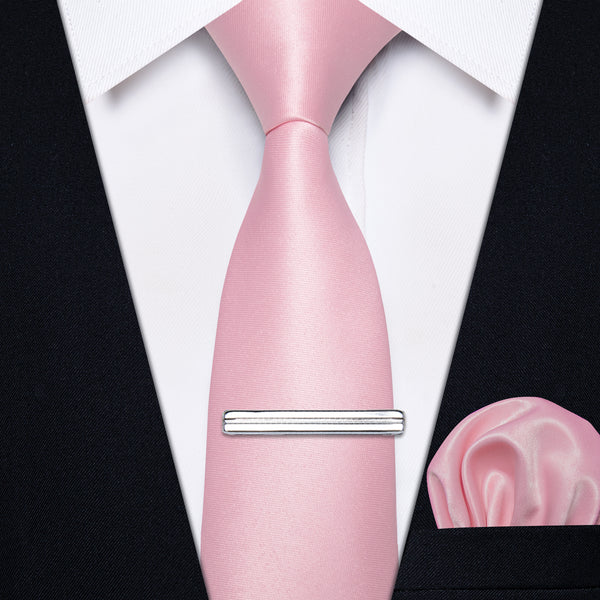 Baby Pink Solid Skinny Necktie Pocket Square Set  Silver Clip