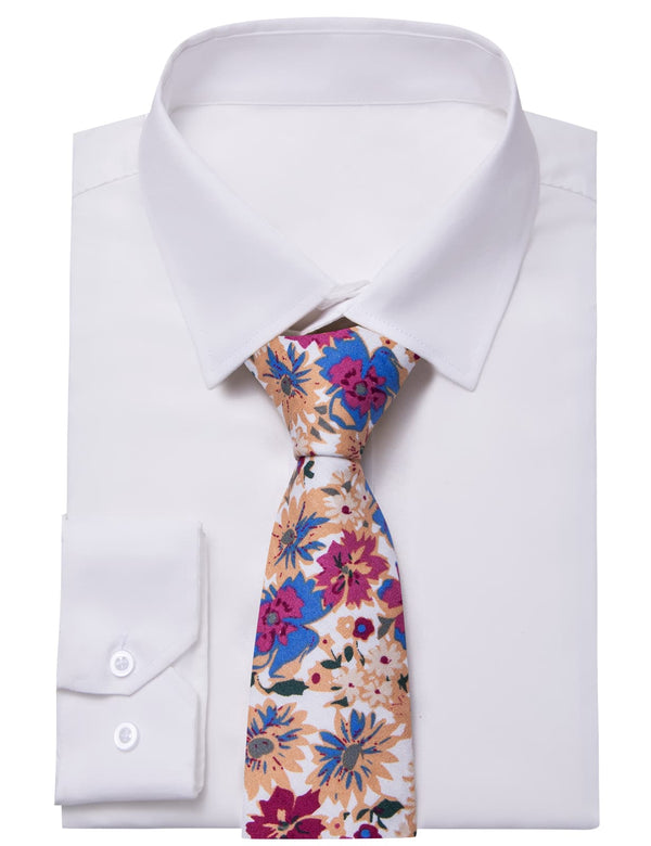 YourTies White Solid Long Sleeve Shirt with Blue Purple Floral Silk Tie for Men