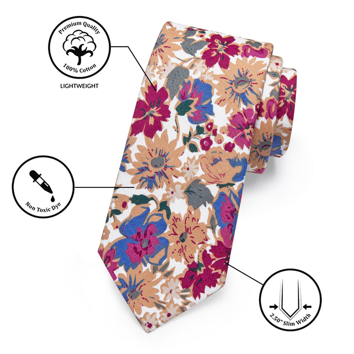 Red Pink Floral Printed Skinny Tie Pocket Square Tie Clip Set