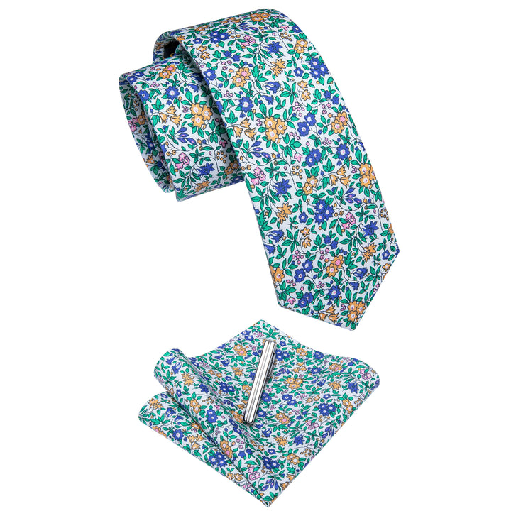 Green Blue Floral Printed Skinny Tie Pocket Square Clip Set