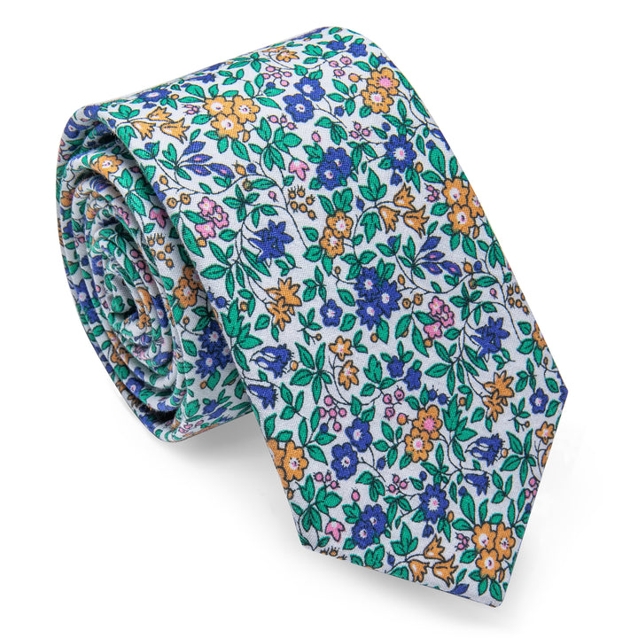 Green Blue Floral Printed Skinny Tie Pocket Square Clip Set