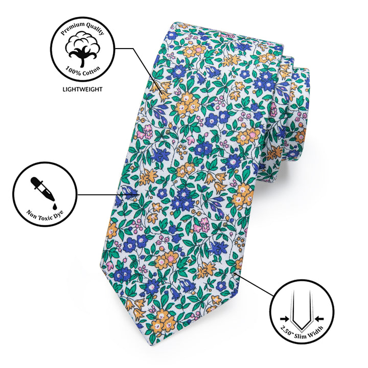 Green Blue Floral Printed Skinny Tie Pocket Square Clip Set