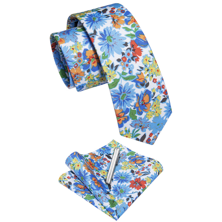 White Tie Blue Daisy Floral Printed Tie Set with Tie Clip