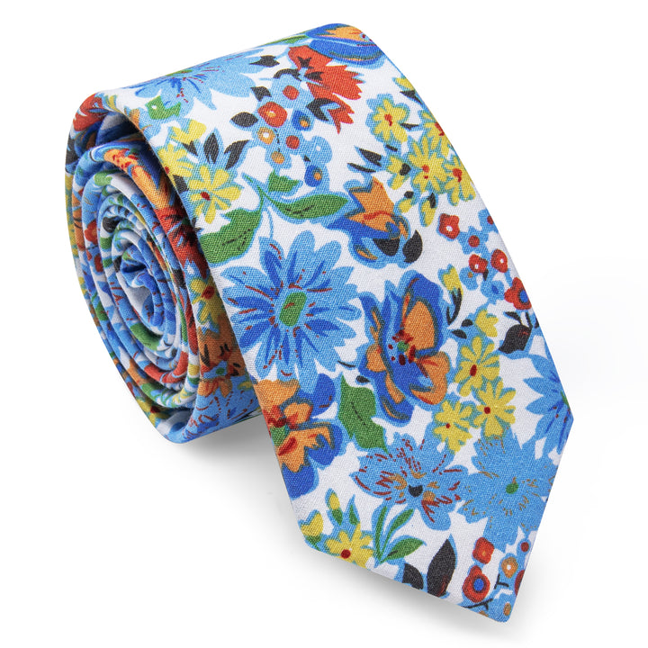 White Tie Blue Daisy Floral Printed Tie Set with Tie Clip