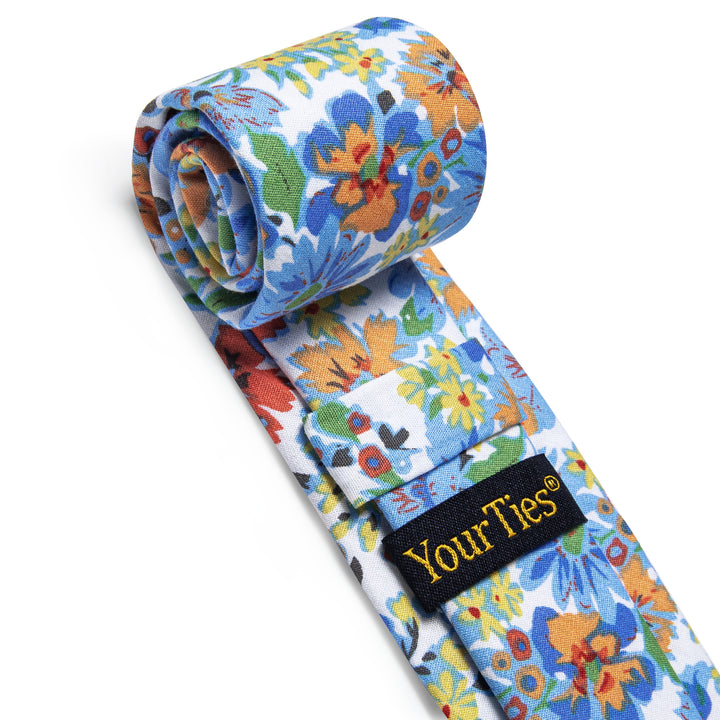 White Tie Blue Daisy Floral Printed Tie Set with Tie Clip