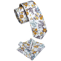  White Yellow Mens Floral Printed Skinny Tie Set with Tie Clip
