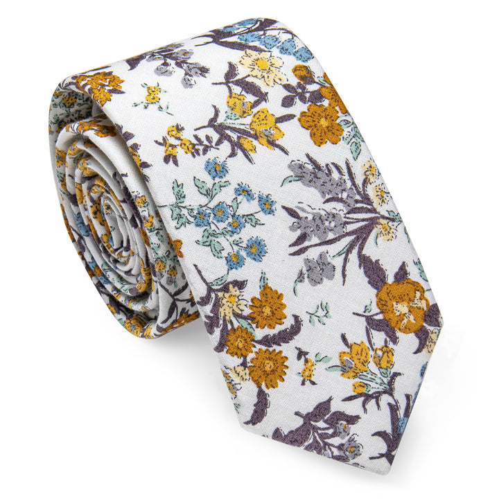  White Yellow Mens Floral Printed Skinny Tie Set with Tie Clip