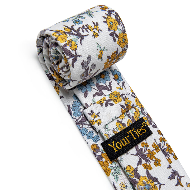  White Yellow Mens Floral Printed Skinny Tie Set with Tie Clip