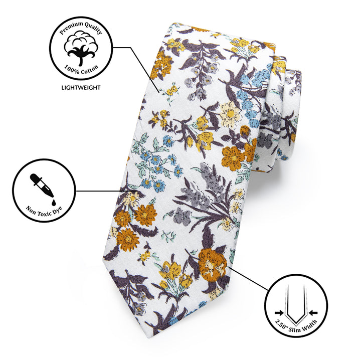  White Yellow Mens Floral Printed Skinny Tie Set with Tie Clip