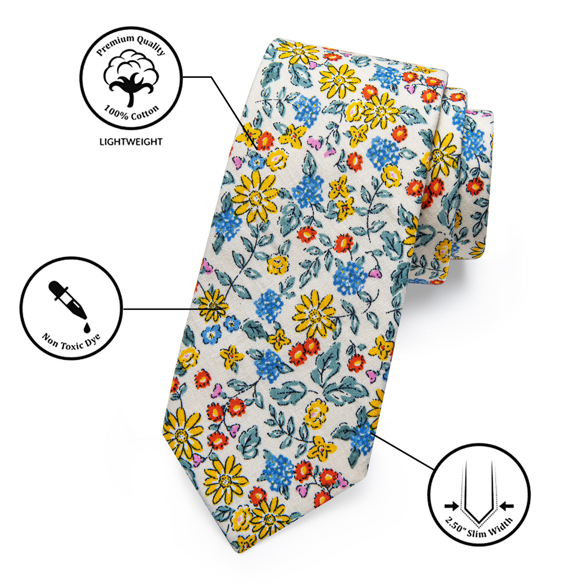 YourTies Floral Tie Yellow Daisy Floral Printed Skinny Tie Set with Tie Clip
