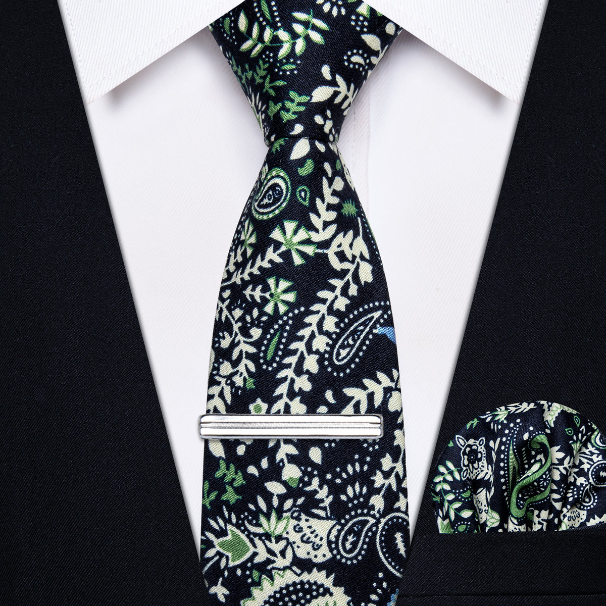 Black Green Paisley Printed Skinny Necktie Set with Tie Clip