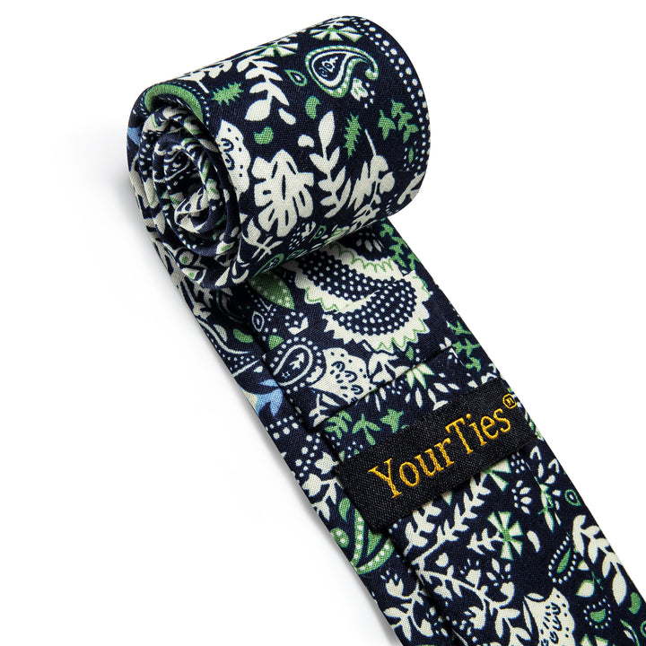 Black Green Paisley Printed Skinny Necktie Set with Tie Clip