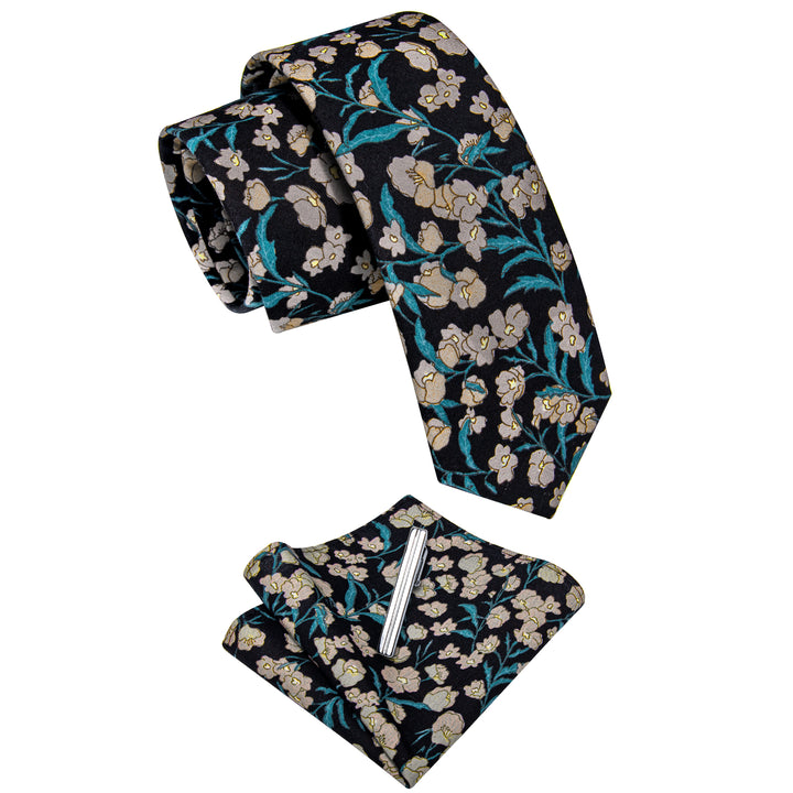 Black Green Floral Printed Cotton Tie Set with Tie Clip