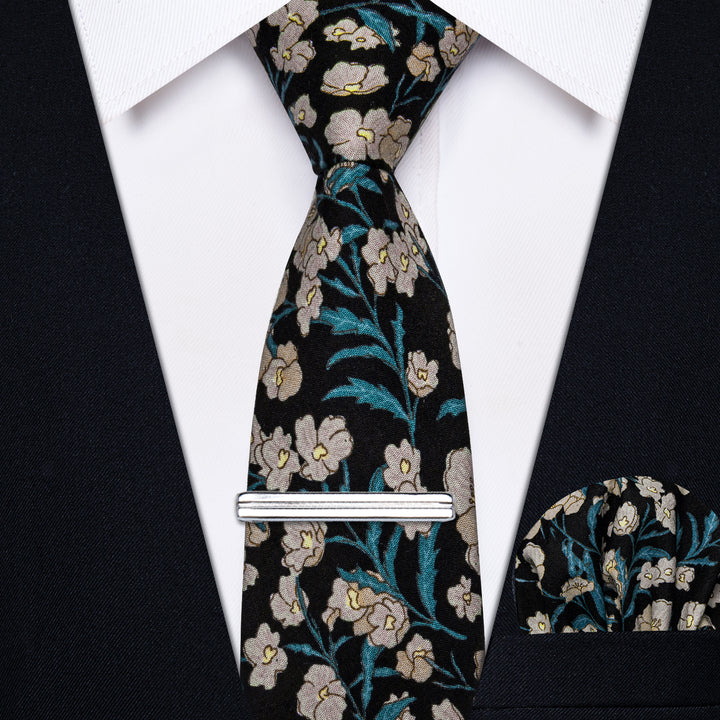 Black Green Floral Printed Cotton Tie Set with Tie Clip