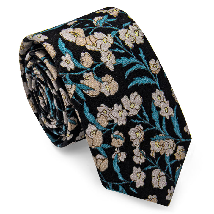 Black Green Floral Printed Cotton Tie Set with Tie Clip