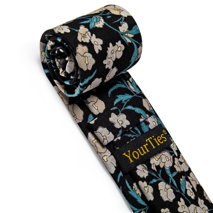 Black Green Floral Printed Cotton Tie Set with Tie Clip