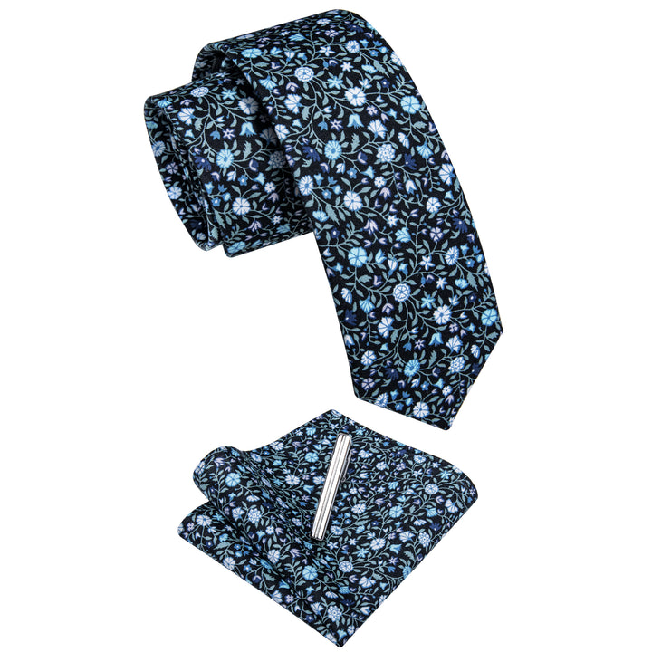 Blue Tie White Floral Printed 3.15 Inch Necktie Set with Clip