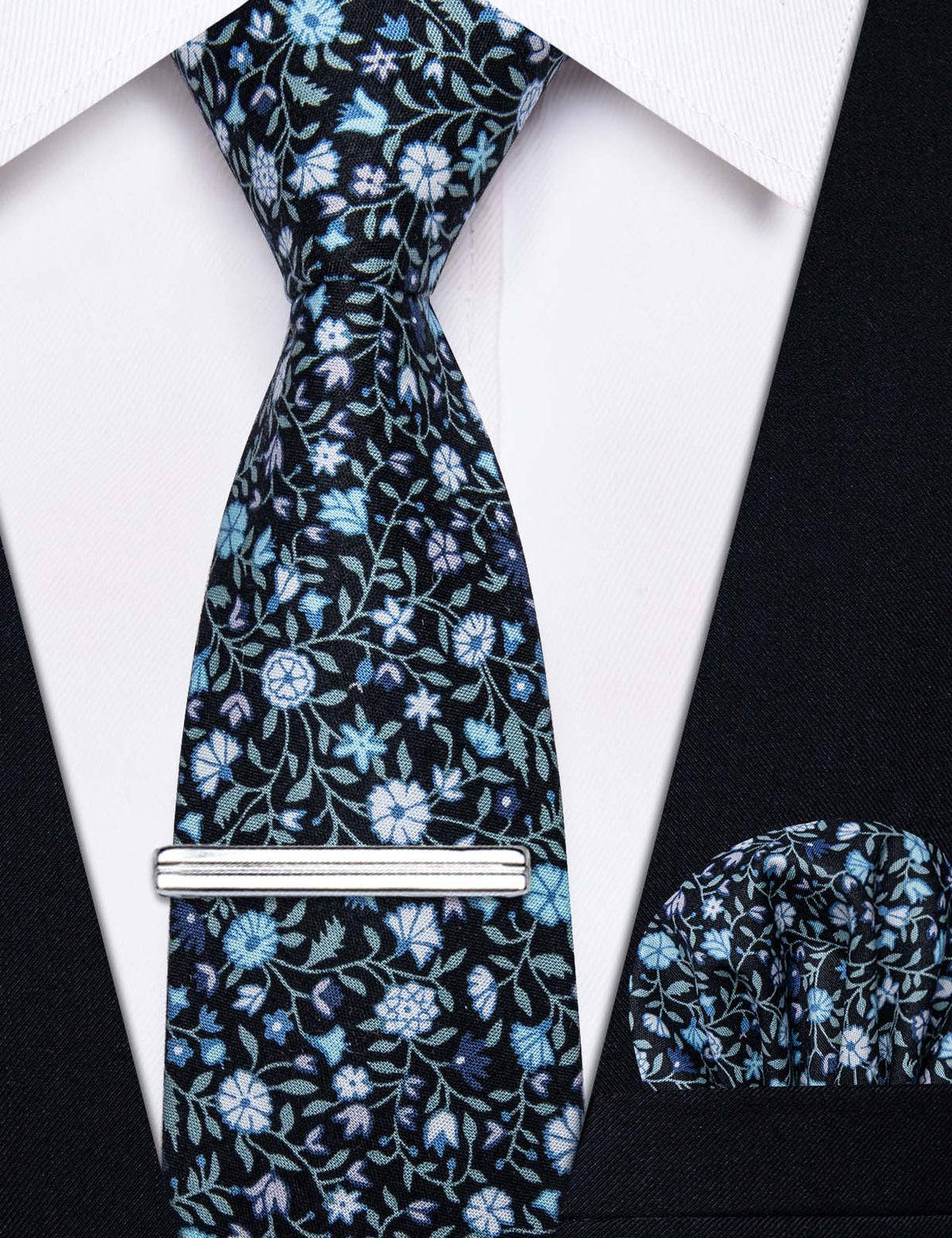 YourTies Blue Tie White Floral Printed 3.15 Inch Necktie Set with Clip