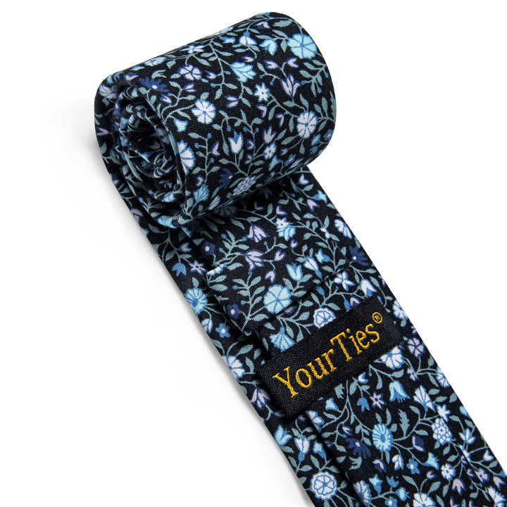 Blue Tie White Floral Printed 3.15 Inch Necktie Set with Clip