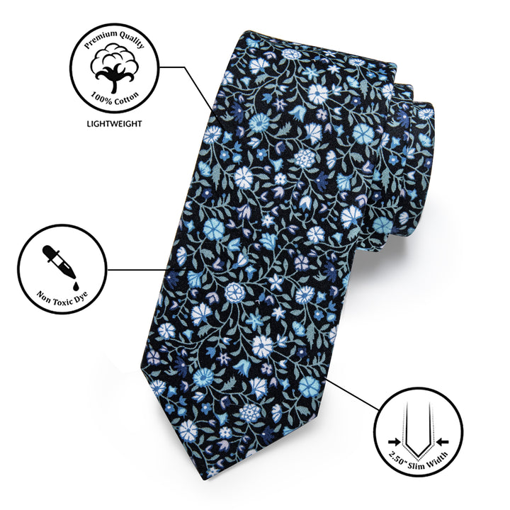 Blue Tie White Floral Printed 3.15 Inch Necktie Set with Clip