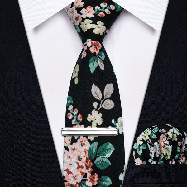 Mens Black Green Floral Printed Skinny Tie Set with Tie Clip