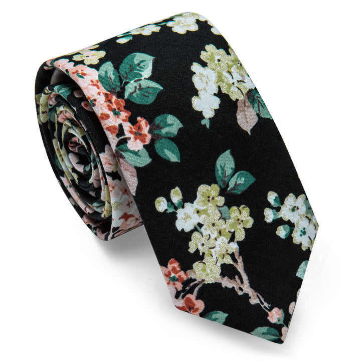 Mens Black Green Floral Printed Skinny Tie Set with Tie Clip