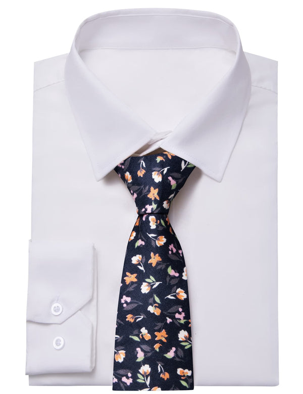 YourTies White Solid Long Sleeve Shirt with Black Floral Silk Tie for Men