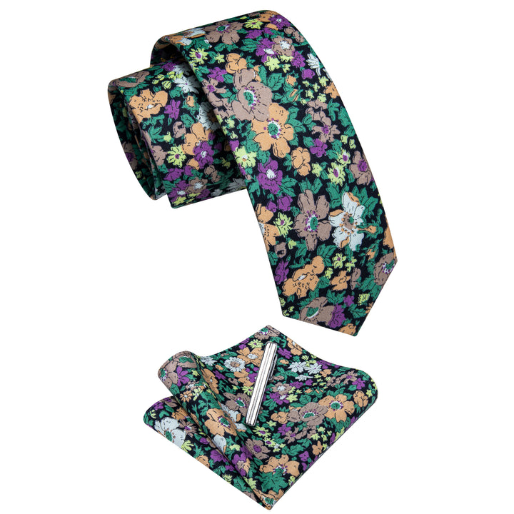 Green Purple Floral Printed Skinny Mens Tie Set With Tie Clip