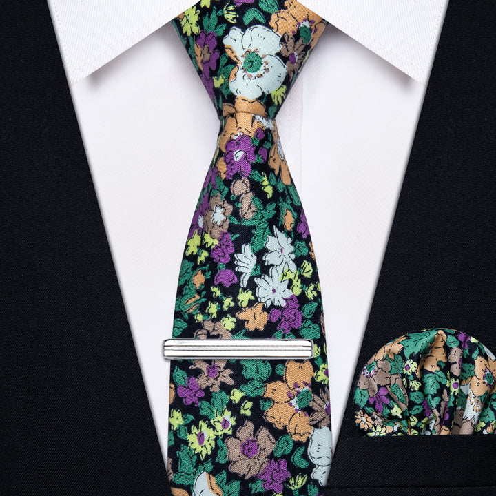 Green Purple Floral Printed Skinny Mens Tie Set With Tie Clip