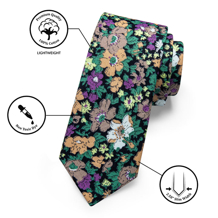 Green Purple Floral Printed Skinny Mens Tie Set With Tie Clip