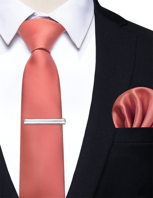 YourTies Light Coral Solid Skinny Tie Set with Tie Clip